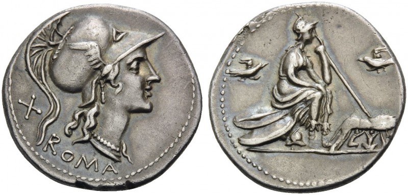 Anonymous, 115 or 114 BC. Denarius (Silver, 20 mm, 3.94 g, 8 h), Rome. ROMA Helm...