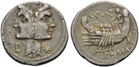 C. Fonteius, 114-113 BC. Denarius (Silver, 19 mm, 3.89 g, 10 h), Rome. Laureate, janiform head of the Dioscuri; to left, D; below, four pellets; to ri...