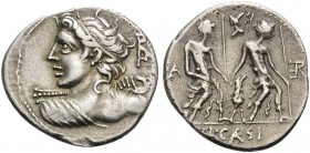 L. Caesius, 112-111 B.C.. Denarius (Silver, 20 mm, 3.79 g, 10 h), Rome. Bust of Apollo to left; to right, AP. Rev. L. CAESI / LA - ER The Lars Praesit...