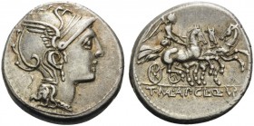 Appius Claudius Pulcher, T. Manlius Mancius and Q. Urbinius, 111-110 BC. Denarius (Silver, 17 mm, 3.97 g, 12 h), Rome. Helmeted head of Roma to right....