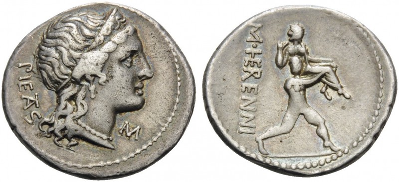 M. Herennius, 108-107 BC. Denarius (Silver, 19 mm, 3.99 g, 6 h), Rome. PIETAS Di...