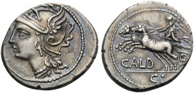 C. Coelius Caldus, 104 BC. Denarius (Silver, 18 mm, 4.00 g, 10 h), Rome. Helmeted head of Roma to left. Rev. CALD / C: Victory in Biga to left. Babelo...
