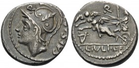 L. Julius L.f. Caesar, 103 BC. Denarius (Silver, 16 mm, 3.84 g, 11 h), Rome. CAESAR Helmeted head of Mars to left. Rev. L.IVLI.L.F Venus in biga of cu...