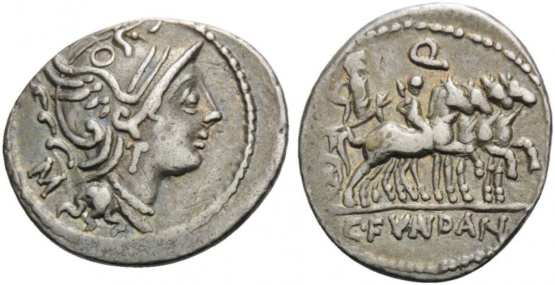 C. Fundanius, 101 BC. Denarius (Silver, 18 mm, 3.97 g, 9 h), Rome. Helmeted head...