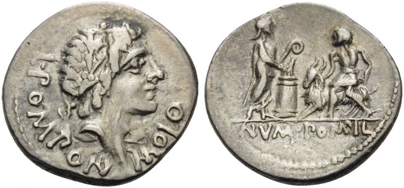 L. Pomponius Molo, 97 BC. Denarius (Silver, 20 mm, 3.81 g, 6 h), Rome. L.POMPON....