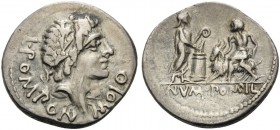 L. Pomponius Molo, 97 BC. Denarius (Silver, 20 mm, 3.81 g, 6 h), Rome. L.POMPON.MOLO Laureate head of Apollo to right. Rev. NVMA POMPIL Numa standing ...