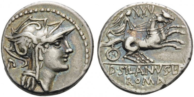 D. Junius Silanus, 91 BC. Denarius (Silver, 17 mm, 3.86 g, 11 h), Rome. Helmeted...