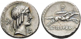 L. Calpurnius Piso Frugi, 90 BC. Denarius (Silver, 15 mm, 3.76 g, 7 h), Rome. Laureate head of Apollo to right; behind, value mark; below chin, L. Rev...