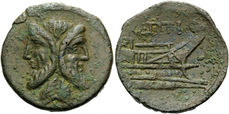 Q. Titius, 90 BC. As (Bronze, 26 mm, 10.15 g, 1 h), Rome. Laureate and bearded h...