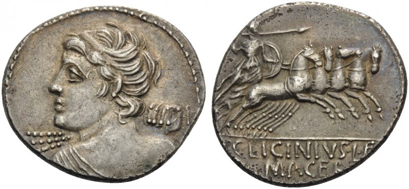 C. Licinius L.f. Macer, 84 BC. Denarius (Silver, 19 mm, 3.81 g, 7 h), Rome. Bust...