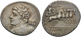 C. Licinius L.f. Macer, 84 BC. Denarius (Silver, 19 mm, 3.81 g, 7 h), Rome. Bust of Apollo to left. Rev. C.LICINIVS.L.F. / MACER Minerva in quadriga t...