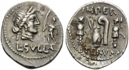 L. Cornelius Sulla Felix, 84-83 BC. Denarius (Silver, 20 mm, 4.18 g, 12 h), mint moving with Sulla in Asia or Greece. L SVLLA Diademed head of Venus t...