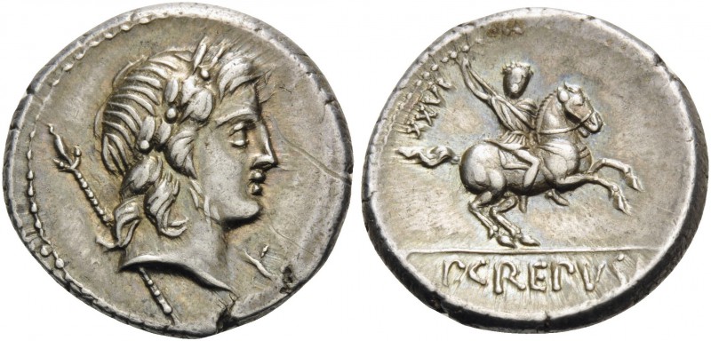 P. Crepusius, 82 BC. Denarius (Silver, 18 mm, 3.77 g, 7 h), Rome. Laureate head ...