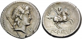 P. Crepusius, 82 BC. Denarius (Silver, 18 mm, 3.77 g, 7 h), Rome. Laureate head of Apollo to right; behind, scepter; before, X. Rev. P.CREPVSI Horsema...