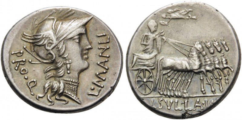 L. Manlius Torquatus, 82 BC. Denarius (Silver, 18 mm, 4.09 g, 2 h), mint moving ...