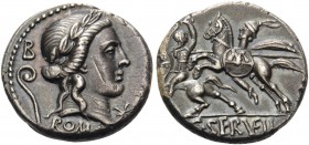 C. Servilius Vatia, 82-80 BC. Denarius (Silver, 17 mm, 3.85 g), Rome. ROMA Laureate head of Apollo to right; behind, B over lituus. Rev. C.SERVEIL Cav...