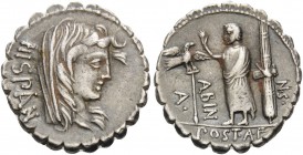 A. Postumius A.f. Sp.n. Albinus, 81 BC. Denarius Serratus (Silver, 19 mm, 4.10 g, 7 h), Rome. HISPAN Veiled head of Hispania to right. Rev. A.POST.A.F...