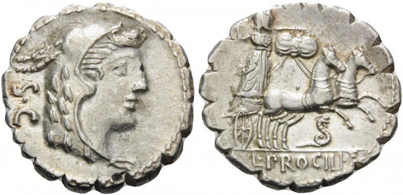 L. Procilius, 80 BC. Denarius Serratus (Silver, 18 mm, 3.99 g, 4 h), Rome. S.C H...