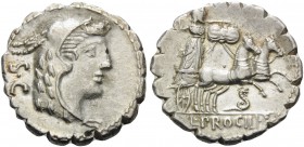 L. Procilius, 80 BC. Denarius Serratus (Silver, 18 mm, 3.99 g, 4 h), Rome. S.C Head of Juno Sospita to right, wearing goat skin headdress. Rev. L.PROC...