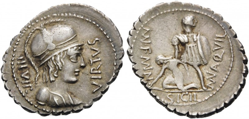 Mn. Aquillius Mn.f. Mn.n, 65 BC. Denarius Serratus (Silver, 20 mm, 4.02 g, 6 h),...