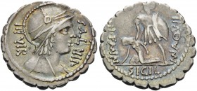 Mn. Aquillius Mn.f. Mn.n, 65 BC. Denarius Serratus (Silver, 19 mm, 3.82 g, 6 h), Rome. VIRTVS - III VIR Helmeted and draped bust of Virtus to right, w...
