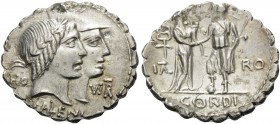Q. Fufius Calenus and Mucius Cordus, 68 BC. Denarius Serratus (Silver, 20 mm, 3.75 g, 7 h), Rome. HO - VIRT / KALENI Jugate heads of Honos and Virtus ...