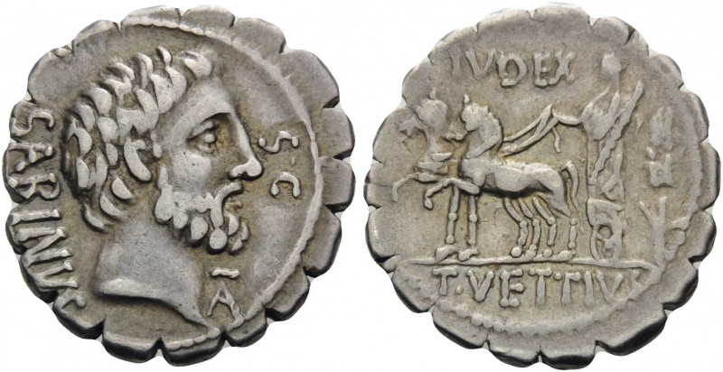 T. Vettius Sabinus, 66 BC. Denarius Serratus (Silver, 20 mm, 4.00 g), Rome. SABI...
