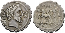 T. Vettius Sabinus, 66 BC. Denarius Serratus (Silver, 20 mm, 4.00 g), Rome. SABINVS / TA - S.C Bearded head of King Tatius to right. Rev. IVDEX - T.VE...