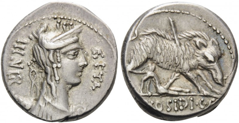 C. Hosidius C.f. Geta, 64 BC. Denarius (Silver, 17 mm, 4.05 g, 6 h), Rome. III.V...