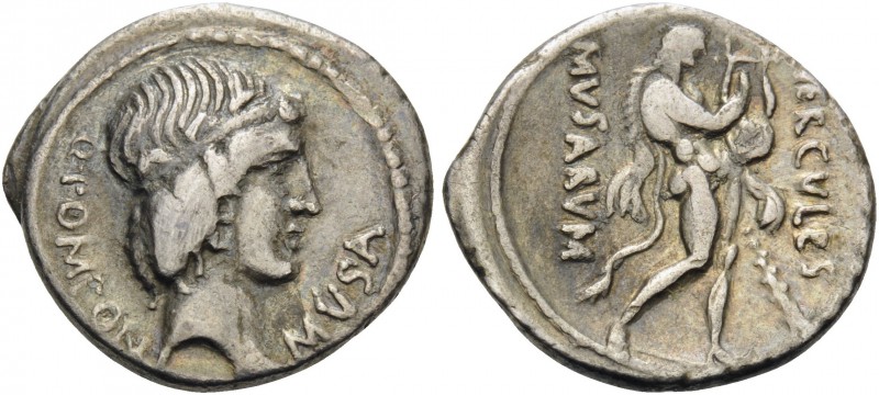 Q. Pomponius Musa, 56 BC. Denarius (Silver, 16 mm, 3.68 g, 6 h), Rome. Q.POMPONI...