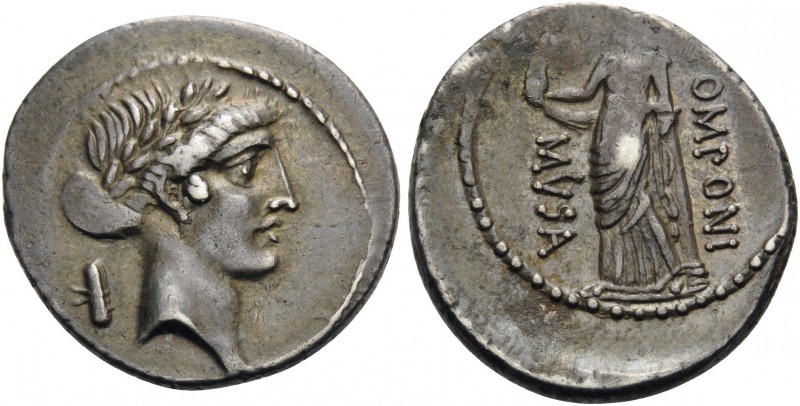Q. Pomponius Musa, 56 BC. Denarius (Silver, 19 mm, 3.88 g, 2 h), Rome. Laureate ...
