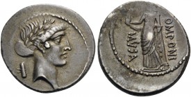 Q. Pomponius Musa, 56 BC. Denarius (Silver, 19 mm, 3.88 g, 2 h), Rome. Laureate head of Apollo to right; behind, scroll. Rev. Q POMPONI MVSA Clio, the...