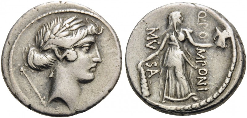 Q. Pomponius Musa, 56 BC. Denarius (Silver, 16 mm, 4.11 g, 5 h), Rome. Laureate ...