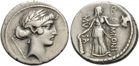 Q. Pomponius Musa, 56 BC. Denarius (Silver, 16 mm, 4.11 g, 5 h), Rome. Laureate head of Apollo to right; behind, scepter. Rev. Q.POMPONI MVSA Melpomen...