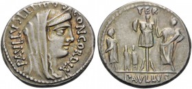 L. Aemilius Lepidus Paullus, 62 BC. Denarius (Silver, 18 mm, 4.26 g, 6 h), Rome. PAVLLVS LEPIDVS CONCORDIA Diademed and veiled head of Concordia to ri...