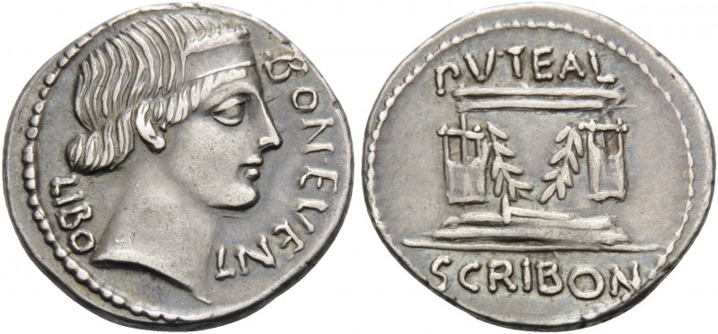 L. Scribonius Libo, 62 BC. Denarius (Silver, 19 mm, 4.09 g), Rome. BON EVENT / L...