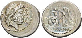 M. Nonius Sufenas, 57 BC. Denarius (Silver, 19 mm, 3.90 g, 7 h), Rome. S.C - SVFENAS Head of Saturn to right. Rev. PR.L.V.P.F / SEX.NONI Roma and Vict...