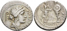 C. Servilius C.f, 53 BC. Denarius (Silver, 17 mm, 4.16 g, 6 h), Rome. FLORAL PRIMVS Wreathed head of Flora to right. Rev. C.SERVEIL. / C.F Two soldier...