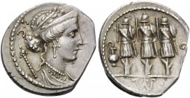 Faustus Cornelius Sulla, 56 BC. Denarius (Silver, 18 mm, 3.74 g, 5 h), Rome. Diademed, laureate and draped bust of Venus to right. Rev. Three military...