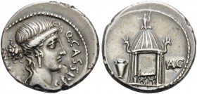 Q. Cassius Longinus, 55 BC. Denarius (Silver, 18 mm, 4.24 g, 8 h), Rome. Q CASSIVS LIBERT Head of Libertas to right. Rev. The temple of Vesta; to left...