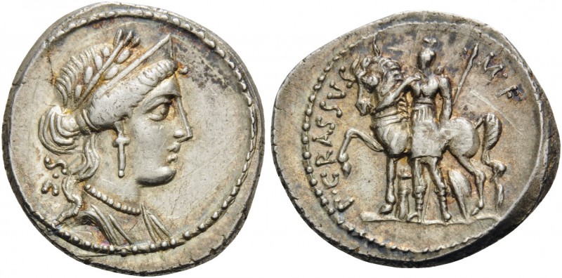 P. Licinius Crassus M.f, 55 BC. Denarius (Silver, 19 mm, 3.91 g, 10 h), Rome. S....