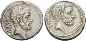 M. Junius Brutus, 54 BC. Denarius (Silver, 20 mm, 4.48 g, 3 h), Rome. BRVTVS Bearded head of L. Junius Brutus (Cos 509) to right. Rev. AHALA Bearded h...