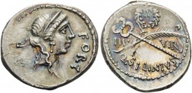 Q. Sicinius, 49 BC. Denarius (Silver, 20 mm, 3.92 g, 5 h), Rome. FORT P.R Diademed head of Fortuna to right. Rev. III. - VIR / Q.SICINIVS Filleted pal...