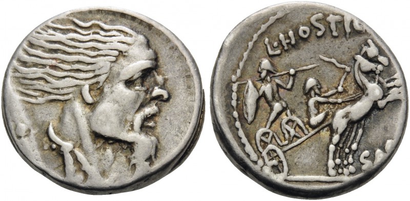 L. Hostilius Saserna, 48 BC. Denarius (Silver, 16 mm, 4.03 g, 9 h), Rome. Bearde...