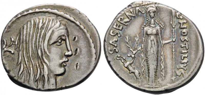 L. Hostilius Saserna, 48 BC. Denarius (Silver, 19 mm, 4.08 g, 6 h), Rome. Bare h...
