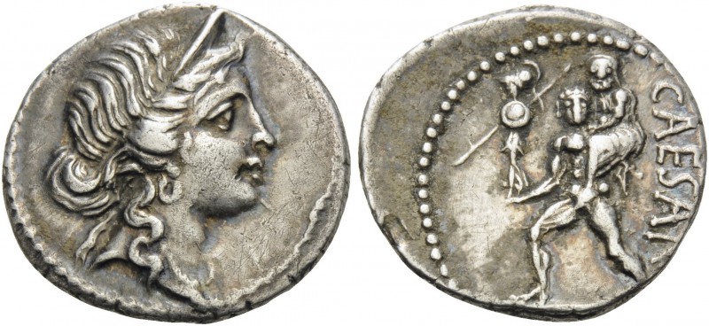 Julius Caesar, 47-46 BC. Denarius (Silver, 18 mm, 3.88 g, 7 h), military mint tr...