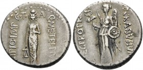 Q. Caecilius Metellus Pius Scipio and P. Licinius Crassus, 47-46 BC. Denarius (Silver, 17 mm, 4.05 g, 1 h), North Africa. Q·METEL· PIVS – SCIPIO·IMP L...
