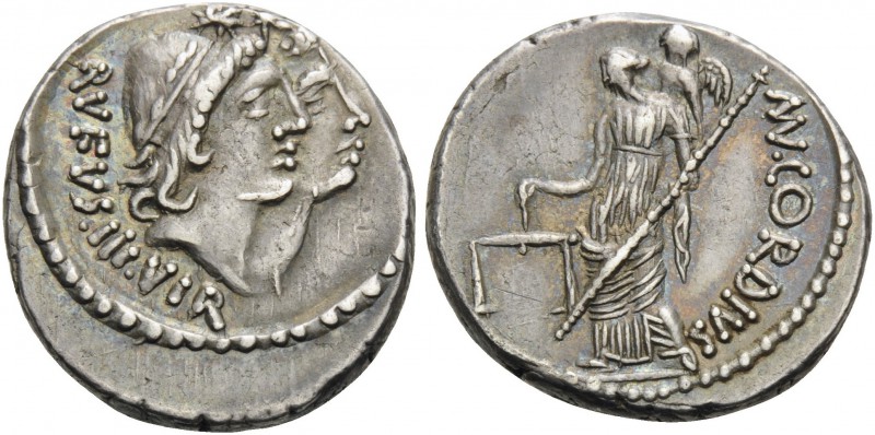 Mn. Cordius Rufus, 46 BC. Denarius (Silver, 16 mm, 3.97 g, 8 h), Rome. RVFVS III...