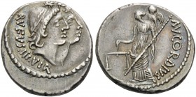Mn. Cordius Rufus, 46 BC. Denarius (Silver, 16 mm, 3.97 g, 8 h), Rome. RVFVS III VIR Jugate heads of Dioscuri to right, wearing laureate pilei. Rev. M...