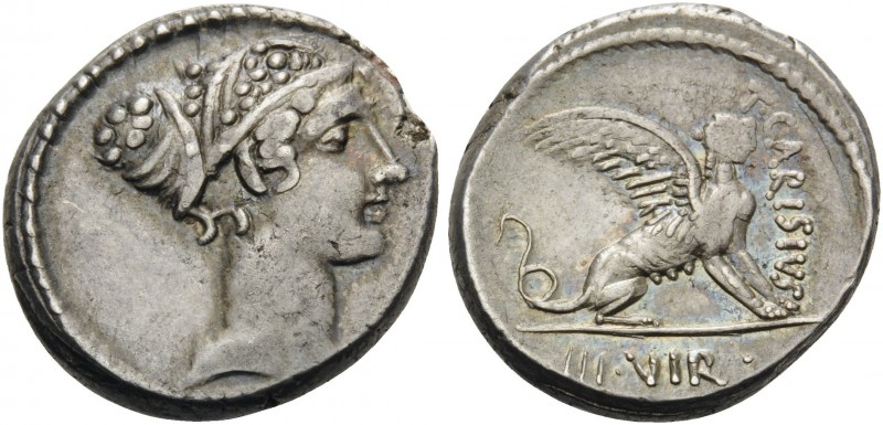 T. Carisius, 46 BC. Denarius (Silver, 17 mm, 4.01 g, 9 h), Rome. Head of the sib...
